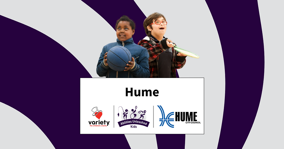 Two children stand side by side, one holding a basketball and the other a racquet, with a vibrant purple background and logos below them.