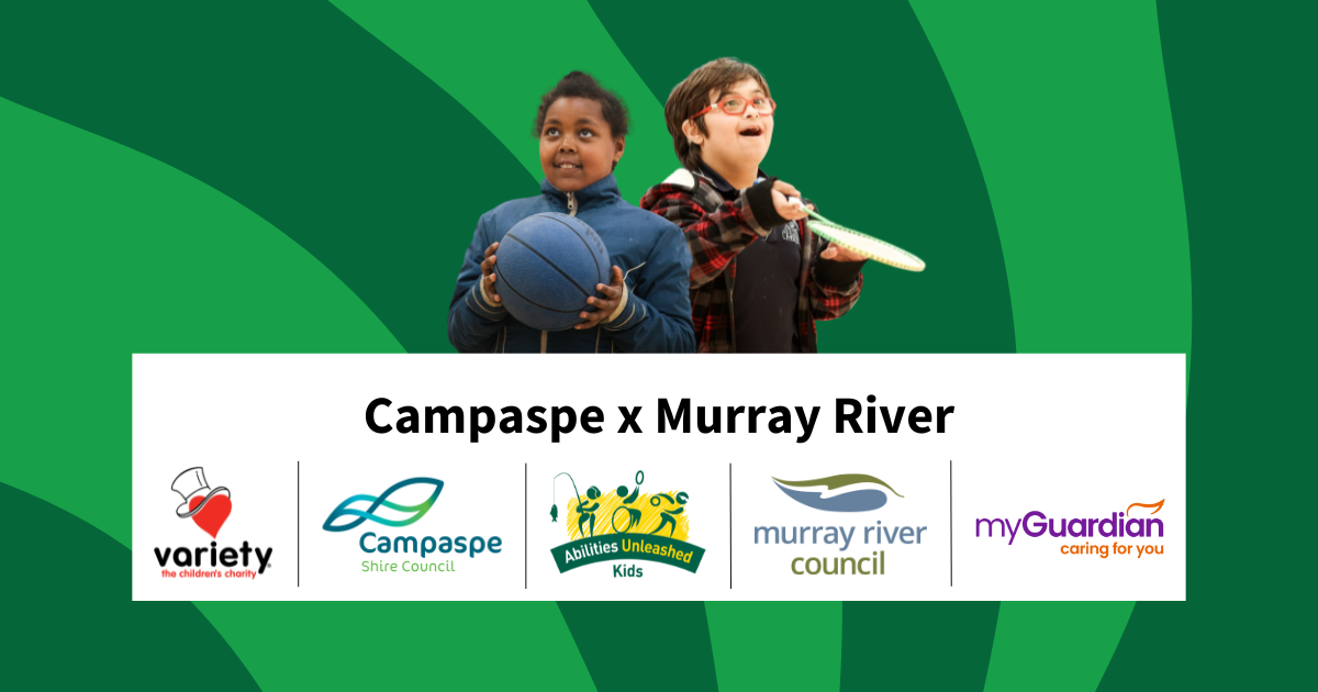 Two children stand side by side, one holding a basketball and the other a racquet, with a vibrant green background and logos below them