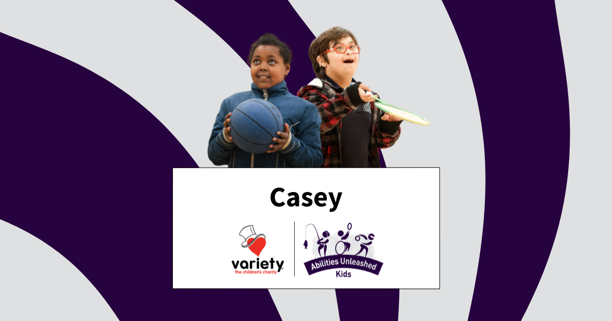 Two children stand side by side, one holding a basketball and the other a racquet, with a vibrant purple background and logos below them.