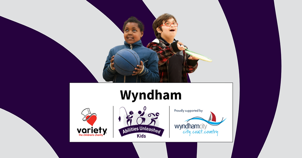 Two children stand side by side, one holding a basketball and the other a racquet, with a vibrant purple background and logos below them.