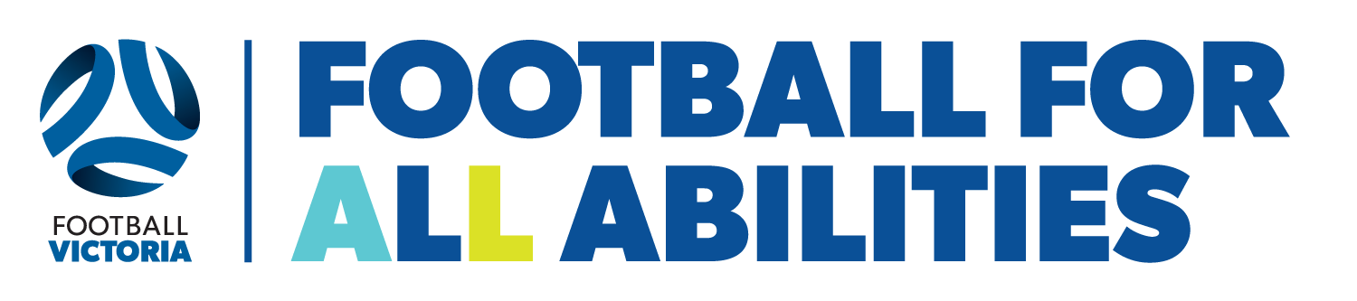 Logo for "Football for All Abilities," featuring bold text in blue, promoting inclusivity in football for individuals of varying abilities.
