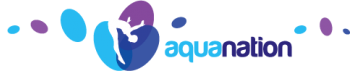 Logo for Aqua Nation featuring a stylized swimmer silhouette in blue and purple, with playful bubbles surrounding the text.