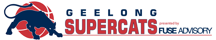 Logo of the Geelong Supercats, featuring a panther silhouette and the team name in bold red and blue lettering.