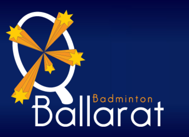 Logo of Ballarat Badminton featuring a shuttlecock with stars and a blue background, emphasizing the sport and local identity.
