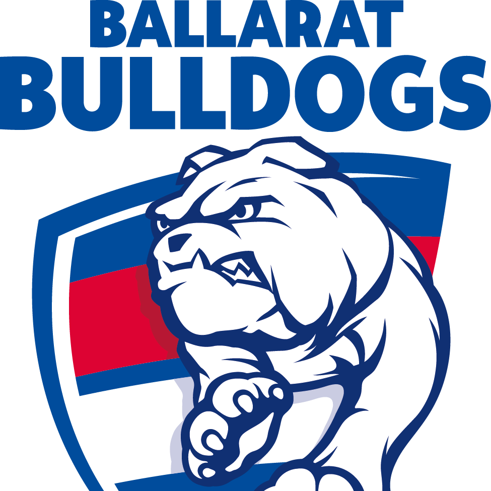 outline of a bulldog on blue and red background with blue text.