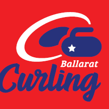 Logo for Ballarat Curling featuring a curling stone and the word "Curling" in bold blue on a red background.