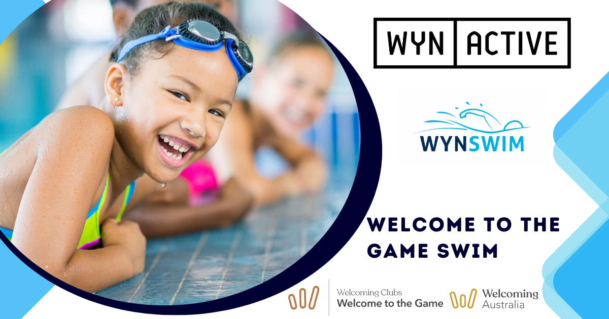 Two children in swimsuits with goggles, leaning over a pool edge, surrounded by a vibrant graphic promoting WYN ACTIVE swim program.