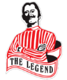 A stylized illustration of a mustached man in a red and white striped shirt, with the text "THE LEGEND" in a banner below.