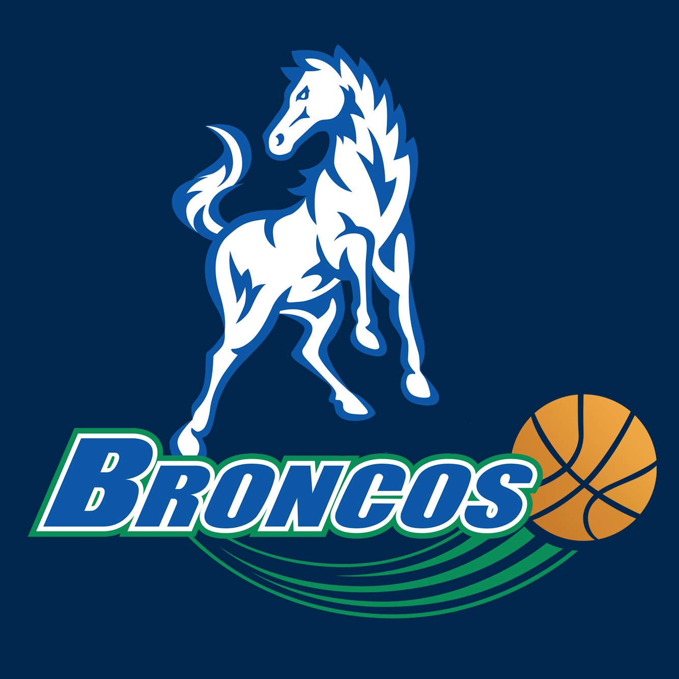 A white horse with blue and green broncos writing and a baskeball