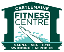 Logo of Castlemaine Fitness Centre featuring a swimming wave graphic and listing amenities: sauna, spa, gym, swimming, and aerobics.