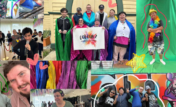 A vibrant collage of diverse individuals celebrating with colorful capes and accessories, representing joy and inclusivity at an event.