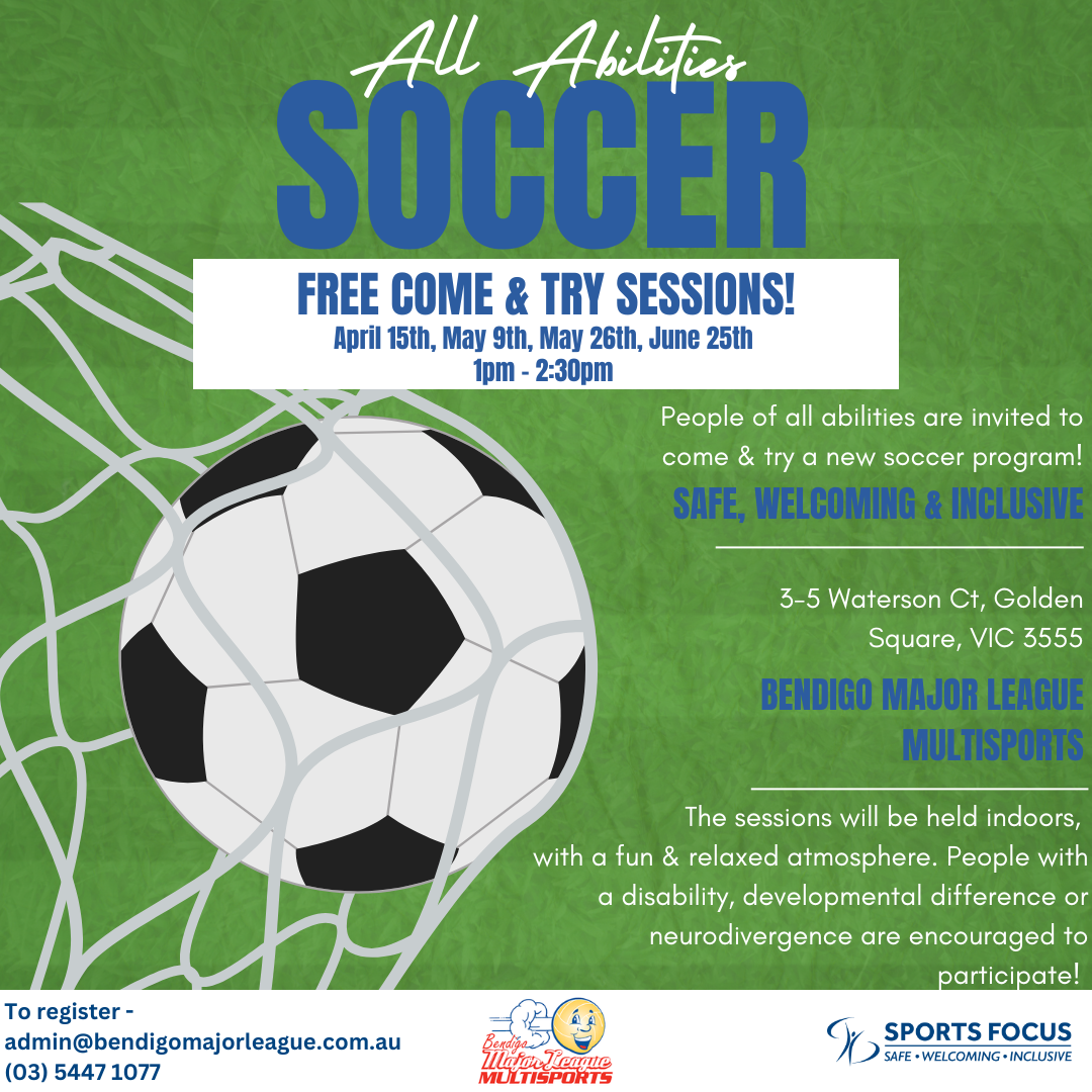 "Promotional flyer for free inclusive soccer sessions for all abilities, featuring dates, location, and a welcoming message."