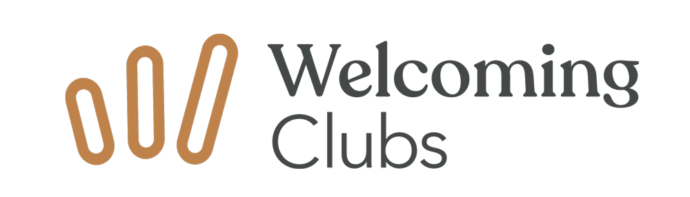 Logo for Welcoming Clubs featuring stylized wavy lines in orange, with the text "Welcoming Clubs" in dark gray.