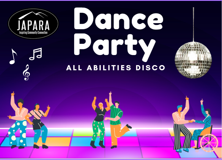 Colorful graphic for "Dance Party" with diverse individuals dancing on a disco floor, promoting an inclusive event for all abilities.