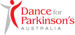 Logo for Dance for Parkinson's Australia, featuring a dynamic figure and text emphasizing support through dance for Parkinson's patients.