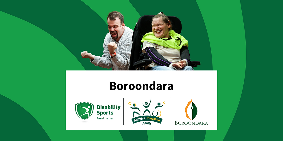 A person in a wheelchair and another adult express joy and enthusiasm at a Disability Sports event, with a green background and branding.