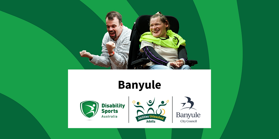 A person in a wheelchair and another adult express joy and enthusiasm at a Disability Sports event, with a green background and branding.