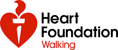 Heart Foundation Walking logo with black and red writing and a red heart shape with a torch outline in white