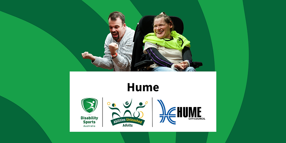 A person in a wheelchair and another adult express joy and enthusiasm at a Disability Sports event, with a green background and branding.