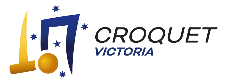 Logo of Croquet Victoria featuring a mallet, ball, and stars in blue and gold, symbolizing the sport's community and spirit.