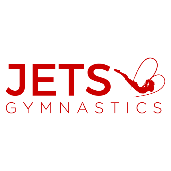 Red logo with a character doing gymnastics
