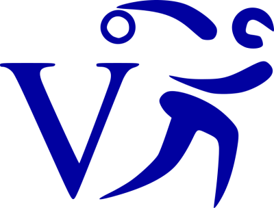 A royal blue logo with an outline of someone playing goalball