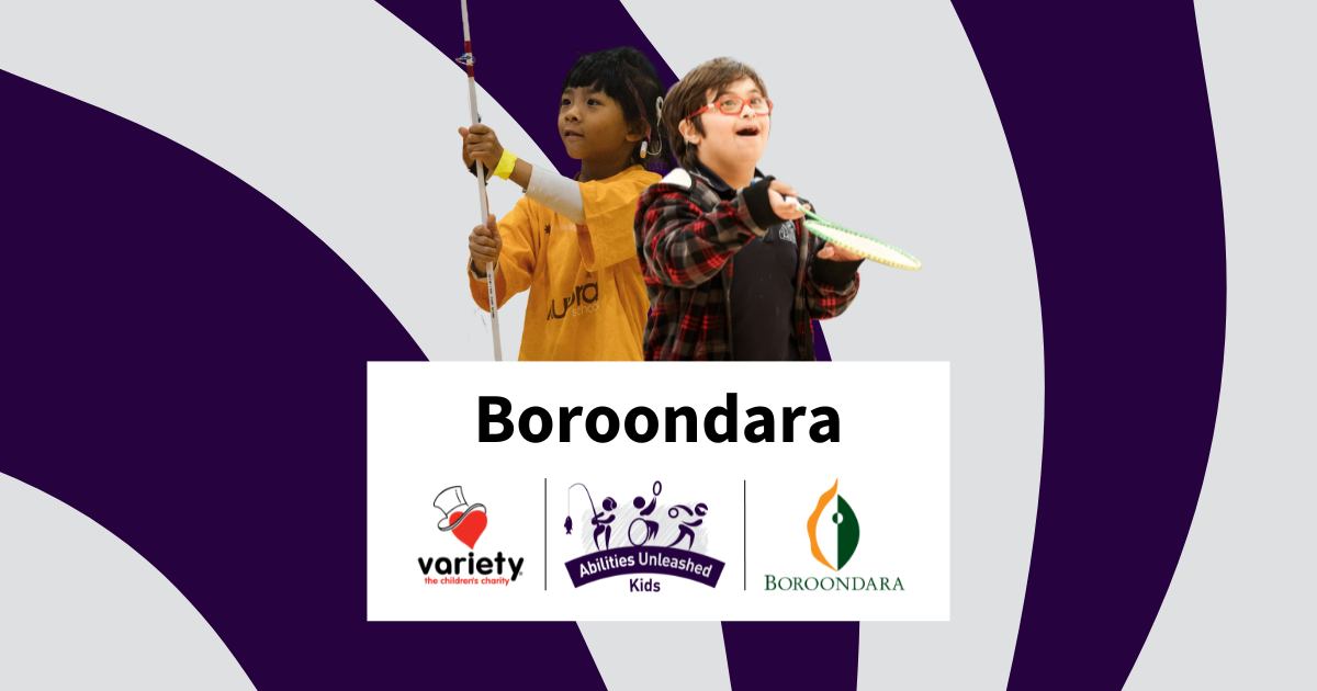 Two children stand side by side, one holding a basketball and the other a racquet, with a vibrant purple background and logos below them.