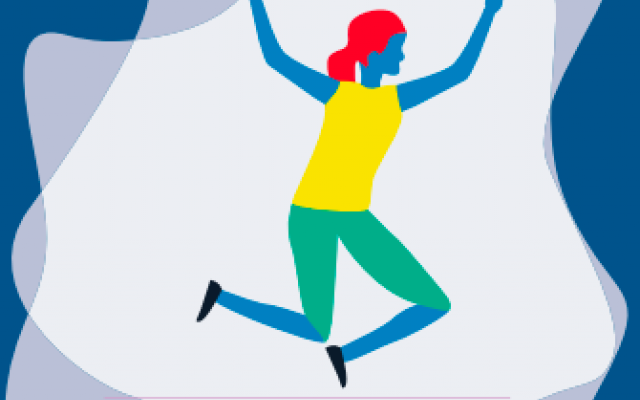A vibrant illustration of a joyful figure in a yellow top and teal pants, leaping with arms raised against a soft, abstract background.