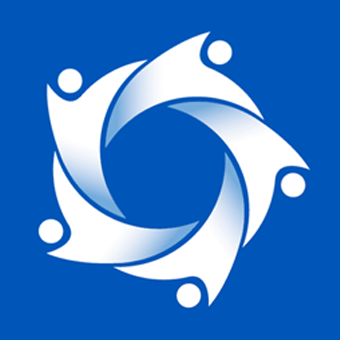 a white circular logo with five panels and 5 dots on a blue background.