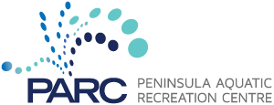 Logo of the Peninsula Aquatic Recreation Centre (PARC) featuring a stylized water splash design in blue and teal colors.