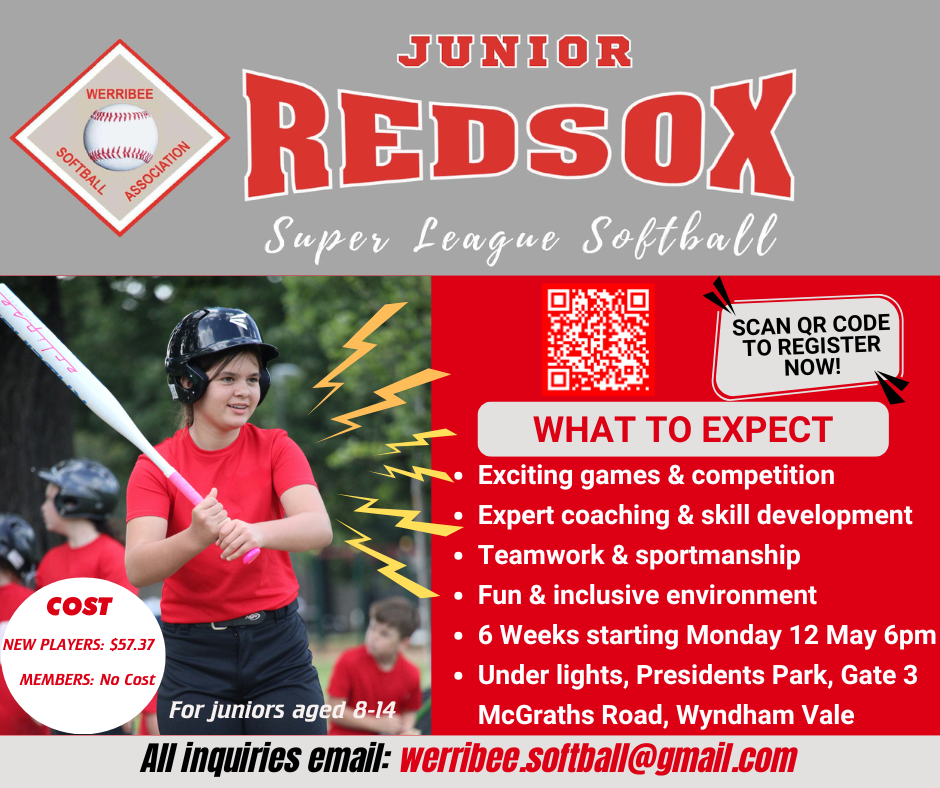 A junior softball advertisement featuring a player in a red shirt, promoting the Redsox Super League with details on coaching and registration.