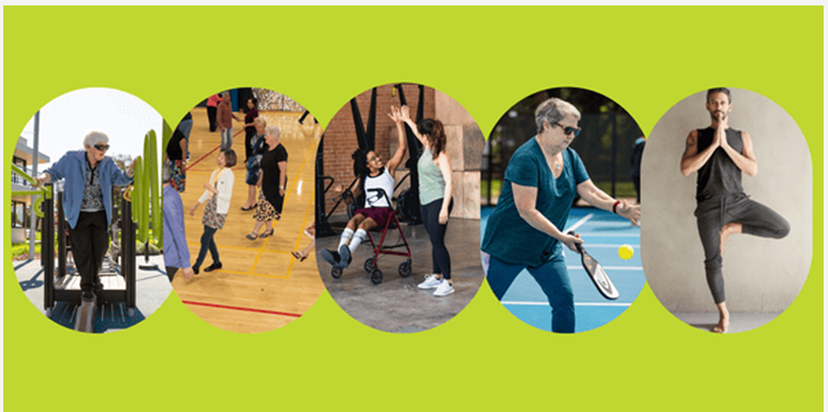 A collage of diverse individuals engaging in various physical activities, including exercise, sports, and mobility support, set against a vibrant background.