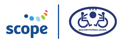 Logo of Scope (colorful dots) next to the Balloon Football League logo, featuring two wheelchair users playing with a ball.