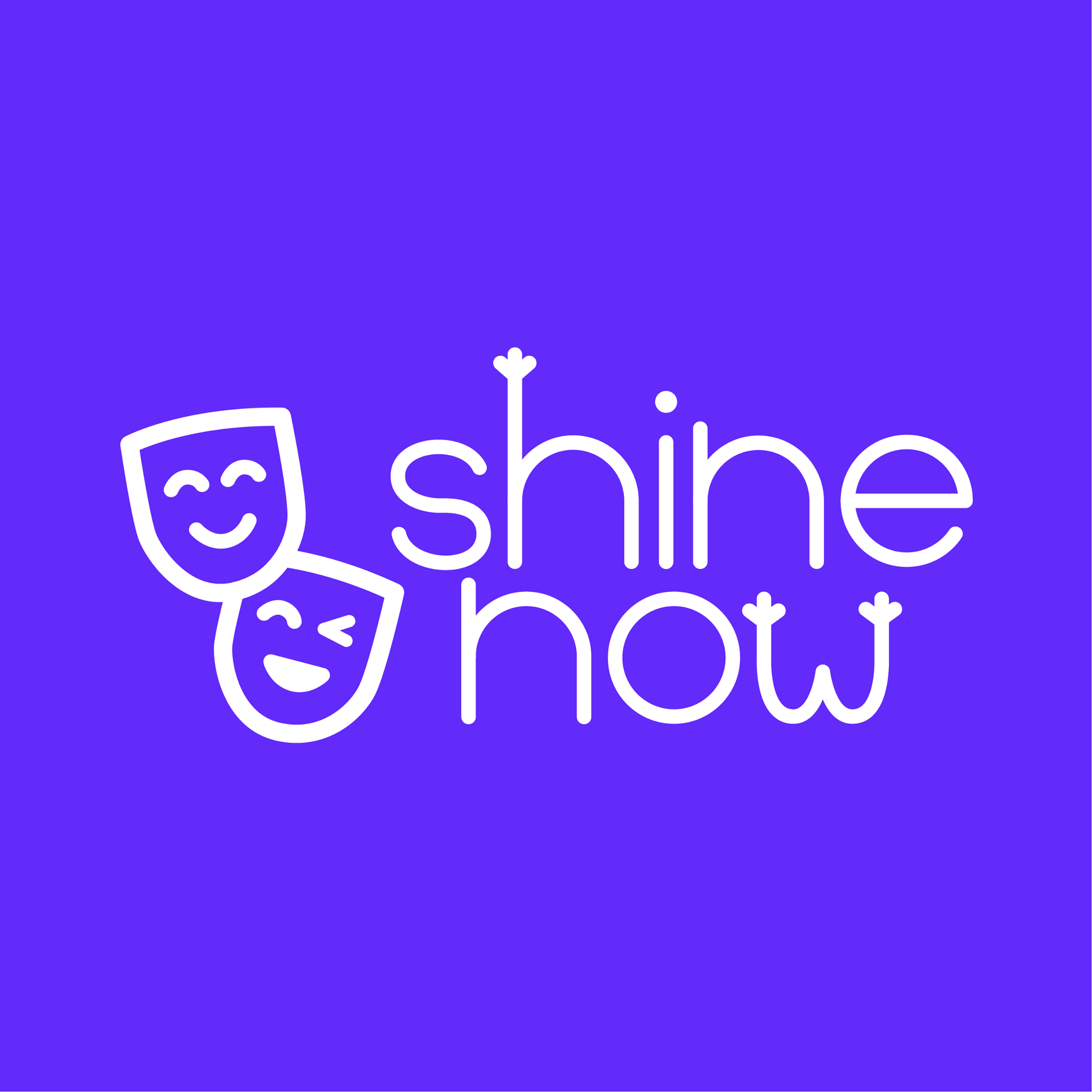 Logo featuring two comedy and tragedy masks alongside the text "shine now," set against a vibrant purple background.
