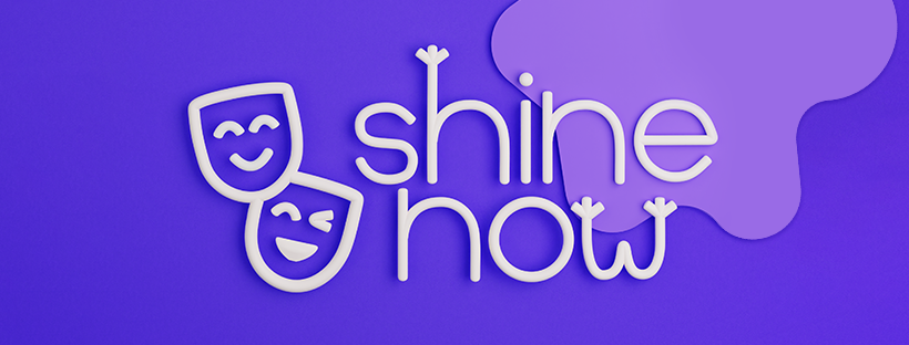 Logo for "shine now," featuring playful smiling masks on a vibrant purple background, emphasizing creativity and expression.