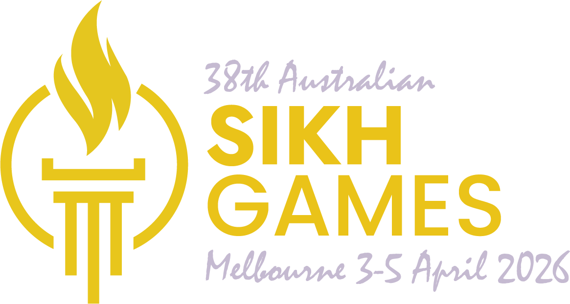 Logo for the 38th Australian Sikh Games, featuring a torch and event details: Melbourne, April 3-5, 2026, in yellow and grey text.
