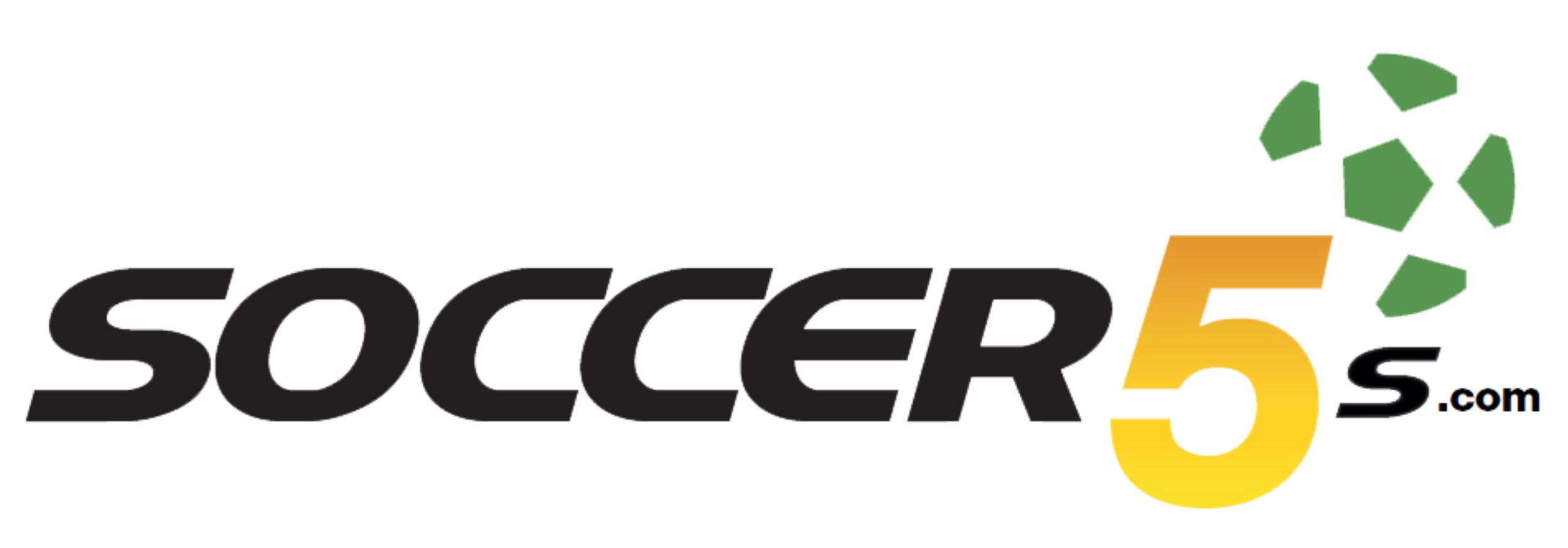Black text on white background with yellow 5 and green soccer ball.
