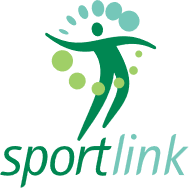 Logo of Sportlink featuring a dynamic green figure with circular accents in various shades, symbolizing movement and activity.