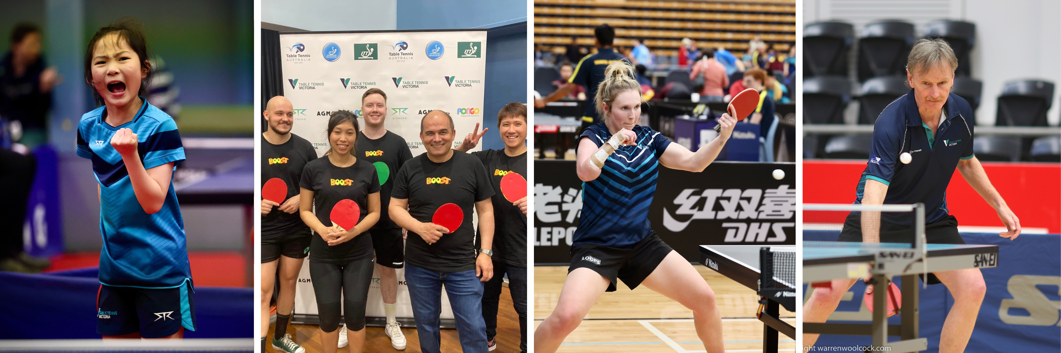 Collage of table tennis moments: a joyful player, a team photo, an athlete in action, and a focused competitor at a tournament.