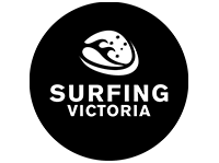 A black circle with white text and a white wave for surfing Victoria logo