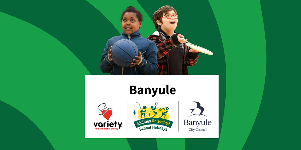 Two children stand side by side, one holding a basketball and the other a racquet, with a vibrant green background and logos below them