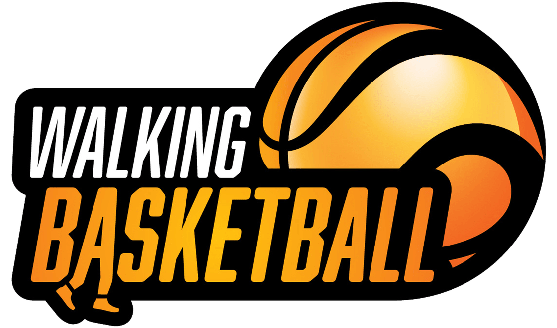 Logo for "Walking Basketball," featuring bold lettering with a basketball graphic, emphasizing a fun, active lifestyle.