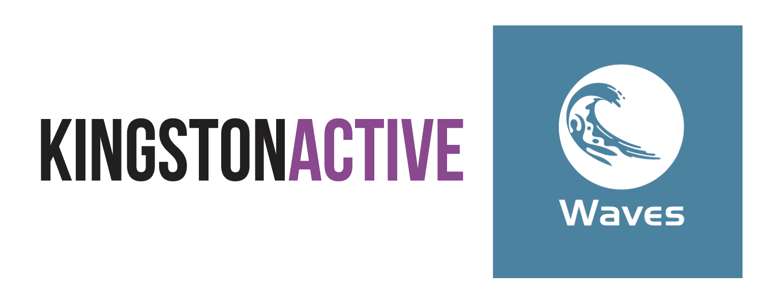 Logo featuring "Kingston Active" in bold and purple lettering alongside a blue box with a stylized wave and the word "Waves."