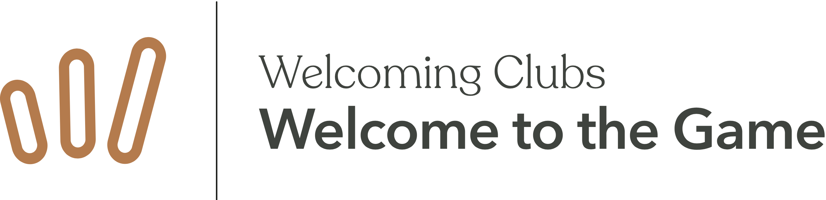 Logo featuring "Welcoming Clubs" and "Welcome to the Game," with a stylized design of three curved lines in a warm color.
