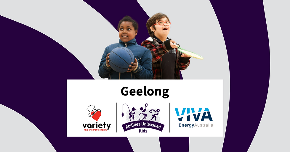 Two children stand side by side, one holding a basketball and the other a racquet, with a vibrant purple background and logos below them.